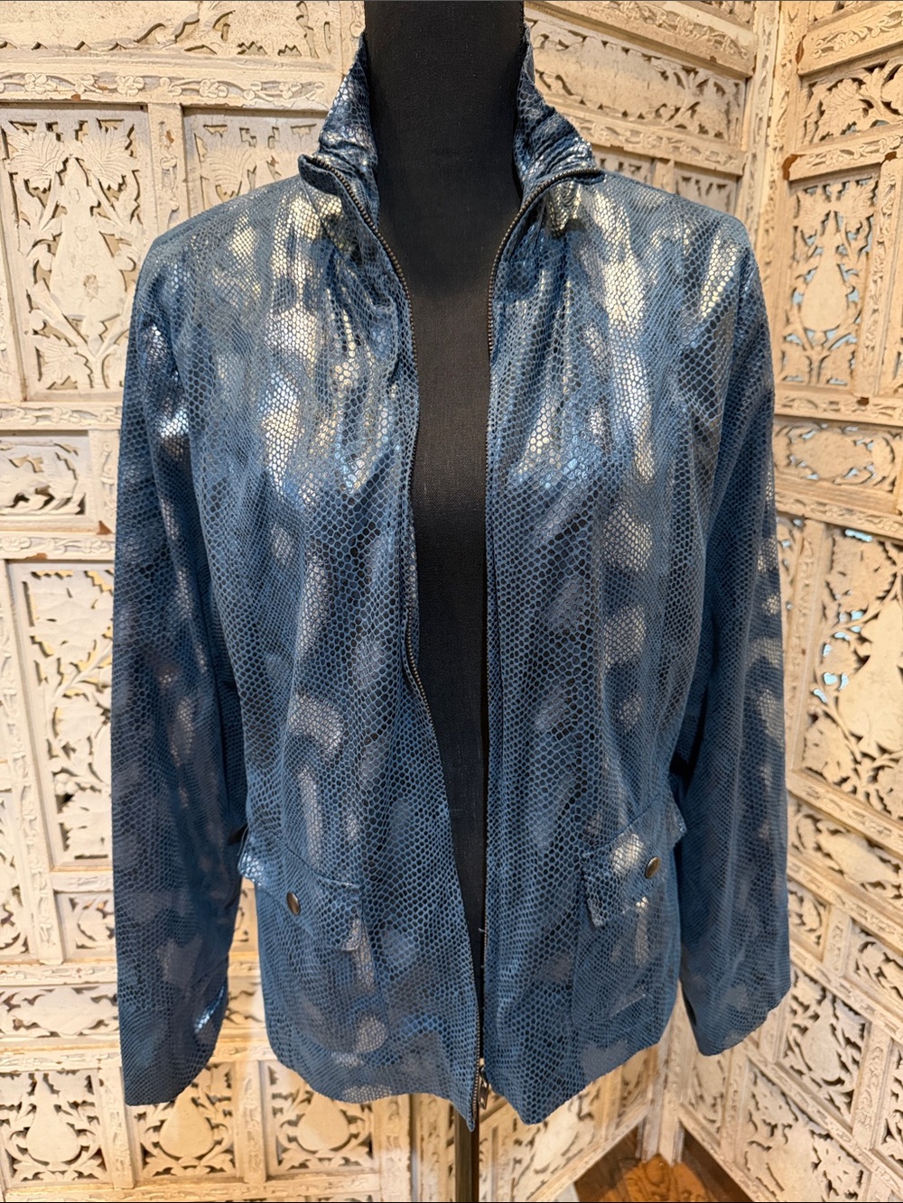 Ami Metallic Blue Snake-Print Zip Jacket